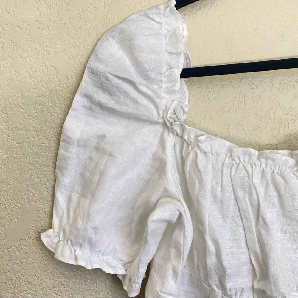 Reformation White 100% Linen Salina Top puff sleeve crop top size 16